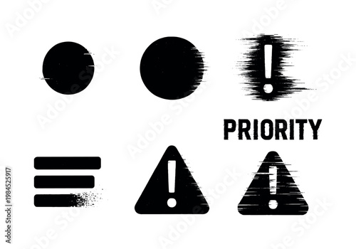 Digital notification priority levels theme, a set of 5 glitch-distorted monochrome objects placed on a perfectly clean white background, each object containing its own
