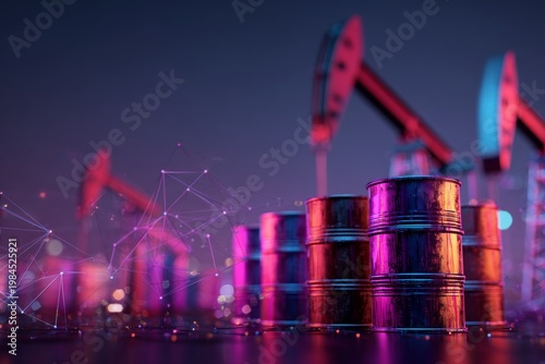 Navigating economic waves: the influence of russian oil on global markets. Intelligent grid. Intricate arrangement of russian oil barrels signifying supply uncertainty. Data connectivity.