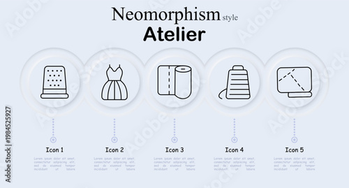 Atelier set icon. Neomorphism style interface with thimble, dress garment, fabric roll, thread spool cone, tailoring pattern board. Soft round buttons, thin outline symbols