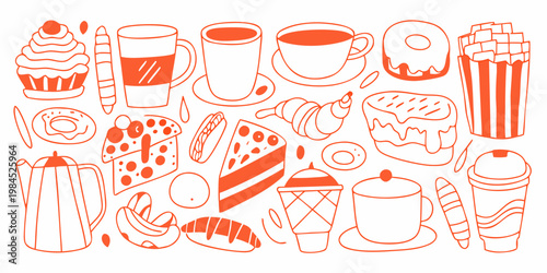 A colorful doodle collection of various desserts and sweet treats