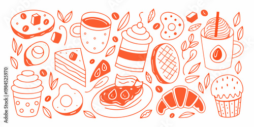 A vibrant doodle of various breakfast and dessert food items