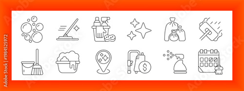 Cleaning service and housekeeping line icons set with soap bubbles, mop, detergent bucket, sparkle, trash bags, wall cleaning, toilet brush, foam basin, location mark, plumbing cost, spray bottle