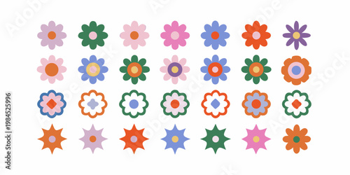 Collection of colorful stylized flowers arranged in a grid pattern