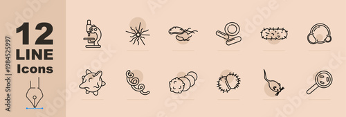 Microbiology lab set icon. Line icons with microscope, virus shape, bacteria cell, petri dish, rod microbes, capsule forms, amoeba blob, spiral germ, clustered cells, cocci spheres, rat carrier