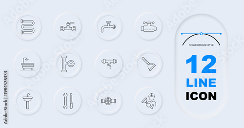 Plumbing repair set icon. Pipe coil, pipeline connector, water tap, pressure regulator, bathroom bathtub, gauge meter, valve system, drain plunger, sink basin, wrench tools, pipe wheel