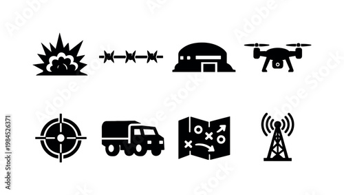 Battlefield operations: explosion burst, barbed wire, bunker, drone, crosshair target, military truck, map strategy, signal antenna.
