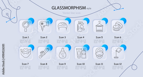 Barber hair salon grooming set icon. Line symbols with mirror, hairdryer, hairstyle head, soap dispenser bubbles, hanger garment, barber cap, moustache beard, curling iron, baby bottle shampoo