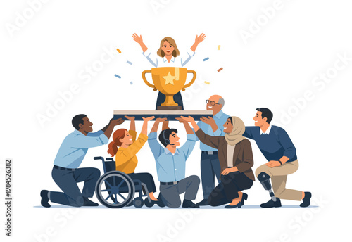 An inclusive team celebrating achievements together in a professional setting, recognizing contributions from individuals with varied identities and roles, visual