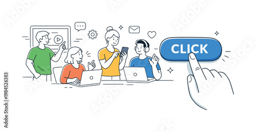 A digital experience scenario where users engage with interfaces and perform actions within applications and platforms, illustrated through a clean scene featuring a hand
