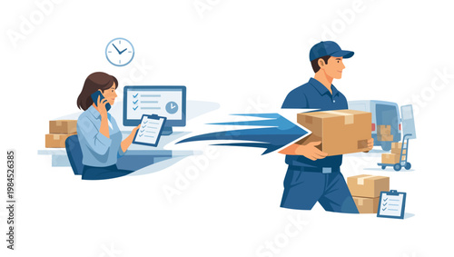 A logistics-focused express service moment where a professional manages rapid order processing and dispatch, reflecting organization, time management, and efficient