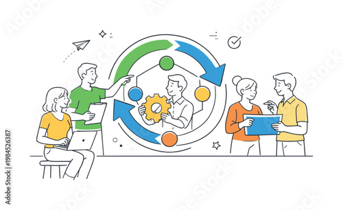 A team coordination and synchronized work scene showing a small group aligning efforts around a large circular arrows and connected nodes, using a clean visual metaphor