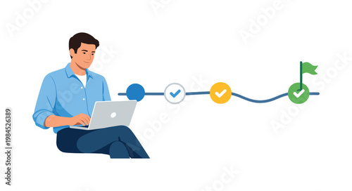 A professional maintaining consistent progress tracking in a digital workflow, seated with a laptop while interacting with a simple linear progress path and checkpoint