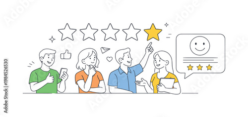 A digital feedback scenario where users evaluate products or services based on their experience and satisfaction, illustrated through a clean scene featuring a row of