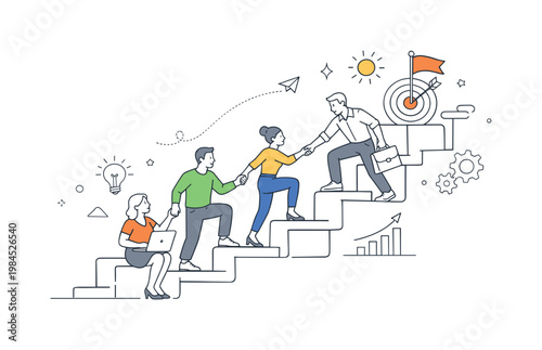 Team supporting employee development and internal promotion through mentorship and collaboration in a business setting, visualized with a metaphor of connected steps