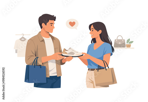 A couple shopping together in a relaxed setting, discussing preferences and making shared purchasing decisions, representing collaboration and lifestyle consumption,