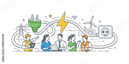Energy transmission and infrastructure in a modern industrial context where electricity powers systems and connects devices, represented by a clear visual metaphor of an