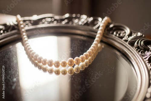 Pearl necklace on silver tray with reflective surface and light