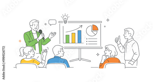 Presentation public speaking concept illustrating an individual delivering information and engaging an audience in a professional setting, using a microphone and a screen