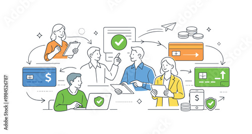 Business team managing financial transfers and approving transactions within a digital finance platform, represented through a metaphor of connected bank cards and arrows