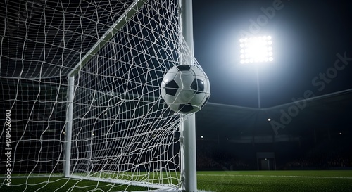 A soccer ball flies into the goal on a green field under bright stadium lights on transparent background