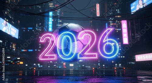 A neon sign displaying the year 2026 in a futuristic cityscape on transparent background