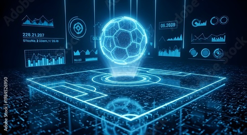A glowing blue soccer ball hovers above a futuristic digital platform with various graphs and charts on transparent background