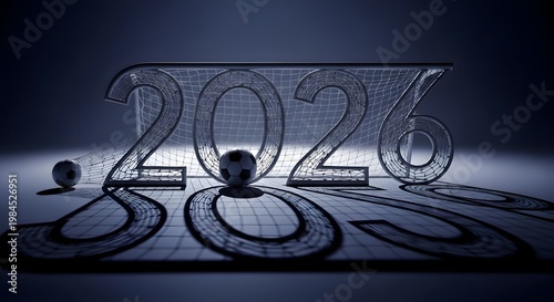 A futuristic 3D rendering of the year 2026 with a wireframe design on a transparent background