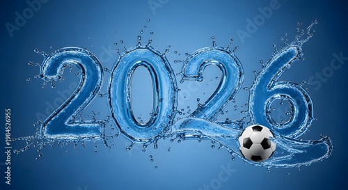 A soccer ball next to the year 2026 made of water on transparent background