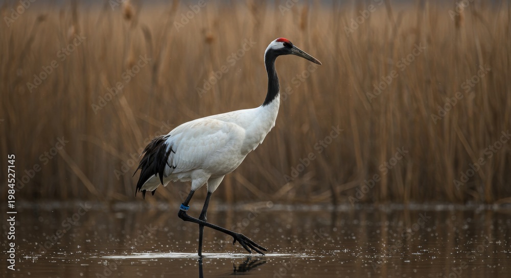 Fototapeta premium grey crowned crane on lake