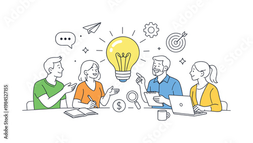 Team generating new ideas together in a collaborative work session to solve problems and explore opportunities, illustrated through a clear metaphor of a central light