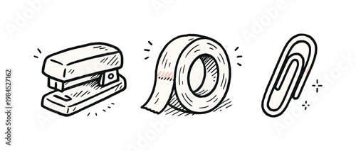 Simple office tools theme a horizontal row of 3 related hand-drawn objects on a white background: a basic stapler with a tiny red dot detail, a simple tape roll with a
