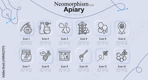 Apiary set icon. Beehive, honey jar, bee insect, wooden hive, honeycomb cells, location marker, honey pot, flying bee, frame hive, dipper tool, bee path, hexagon comb line icons
