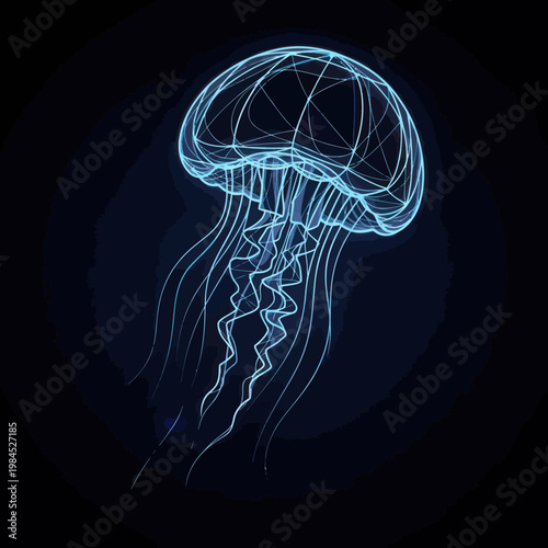 Blue Neon Jellyfish with Tentacles.