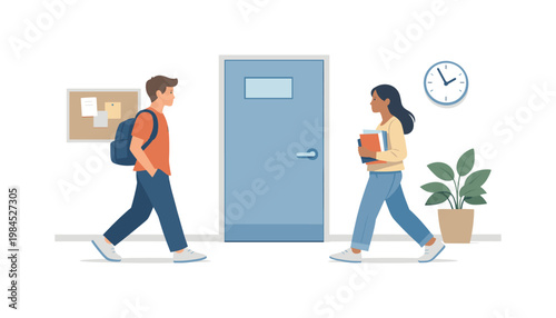 Educational environment scene where students interact and navigate shared spaces between lessons, emphasizing community, routine, and everyday school life, visual