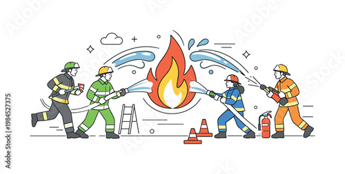 Firefighters responding quickly to an emergency and working together to extinguish flames and ensure safety in a hazardous setting, represented through a metaphor of a