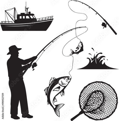 Black silhouette of a fisherman with fishing rod and net, boat and fish on hook