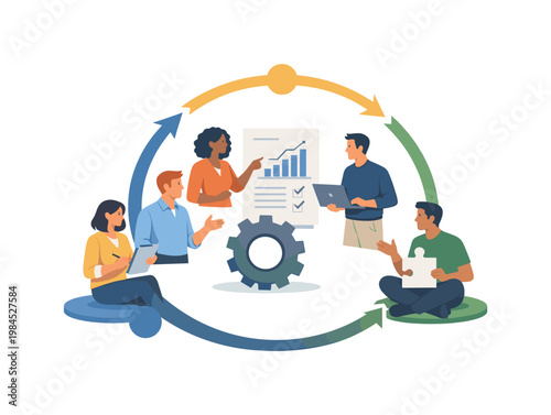 A collaborative team reviewing progress and adjusting steps within a project lifecycle, ensuring smooth transitions between phases and continuous improvement, visual
