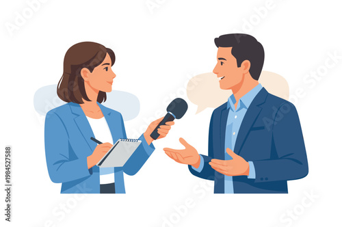 A reporter conducting an interview with a guest to gather insights and opinions, illustrating journalism, storytelling, and audience engagement in a professional context,