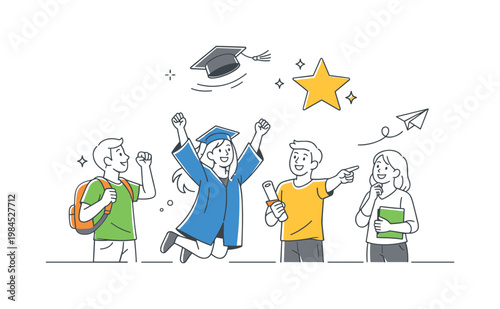 A milestone achievement concept where individuals celebrate the completion of studies and prepare for the next chapter, visualized by a small group interacting near a