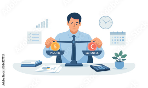 A professional managing financial balance in a structured workspace, carefully aligning income and expenses to maintain stability and long-term sustainability,