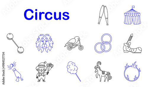 Circus entertainment set icon. Line style icons display juggling pins, circus tent, ball stick, lion face, animal bicycle, ring hoops, clown shoe, confetti cannon, performer child, cotton candy