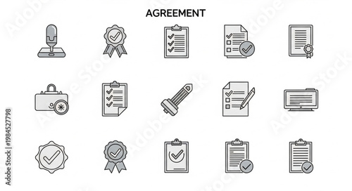 Collection of agreement icons and symbols for business and legal concepts.