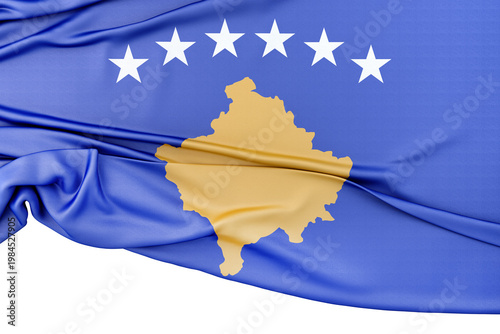 Kosovo national flag displaying golden map and six stars. 3d render