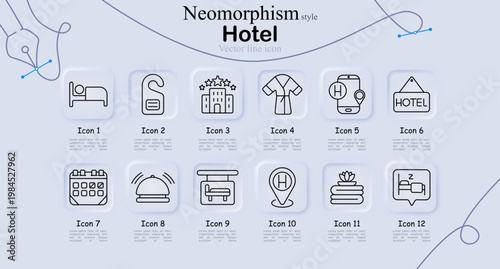 Hotel set icon. Bed, door hanger, star building, bathrobe, phone map, hotel sign, calendar, bell, luggage cart, location pin, spa stones, sleep sign hospitality line icons