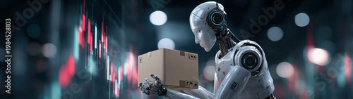 Ai in the workplace: the economic impact of technological advancements. Exchange rates. Technological advances: a robot effortlessly carries a box, humans observe. Trading tools.