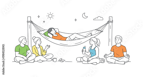 A relaxation and wellness scenario where individuals take a break from daily responsibilities to recharge and reduce stress, illustrated through a clean scene featuring a