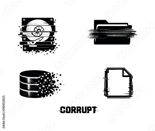 Data corruption and storage failure theme, a set of 4 glitch-distorted monochrome objects placed on a perfectly clean white background, each object carrying its own