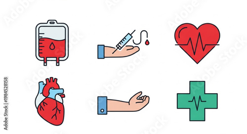 Medical Icons Representing Blood Donation and Heart Health.