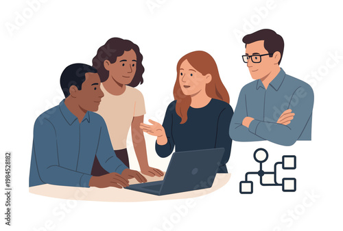 A team aligning shared processes during a collaborative workflow discussion, gathered near a laptop while interacting with a simple unified flow structure symbol beside