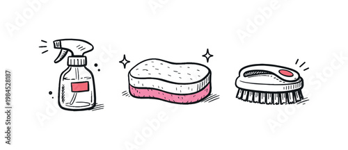 Simple cleaning supplies set theme a horizontal row of 3 related hand-drawn objects on a white background: a small spray bottle with a tiny red label, a simple sponge